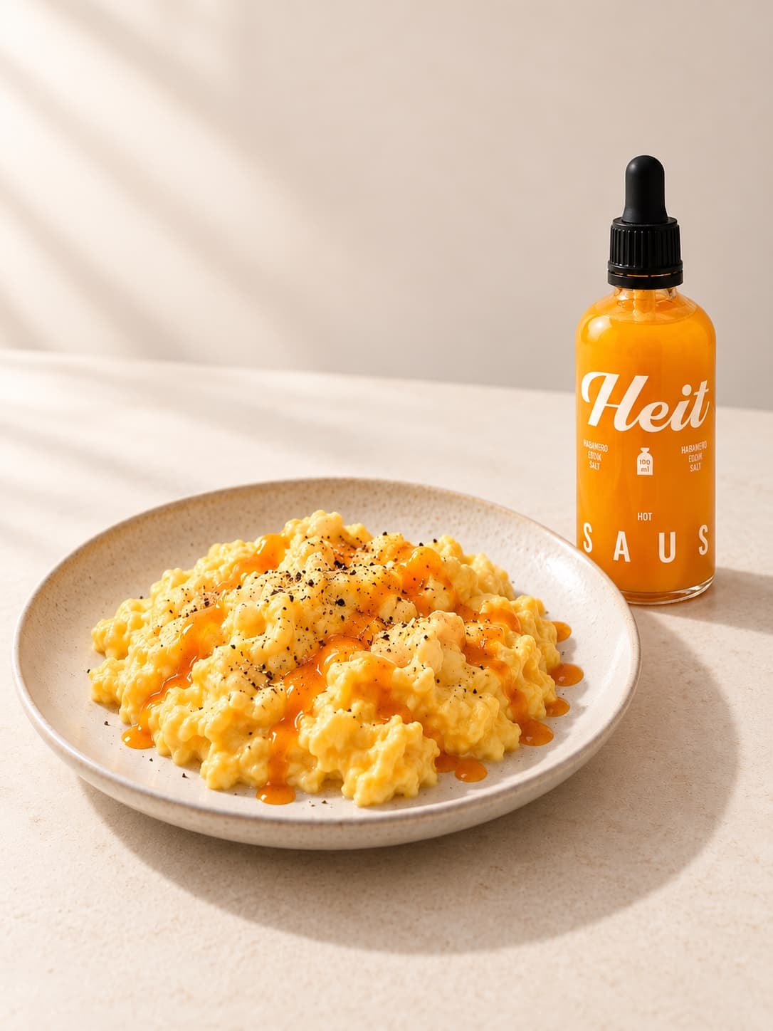 Eggerøre med Heit Hot saus på en tallerken, flasken ved siden av