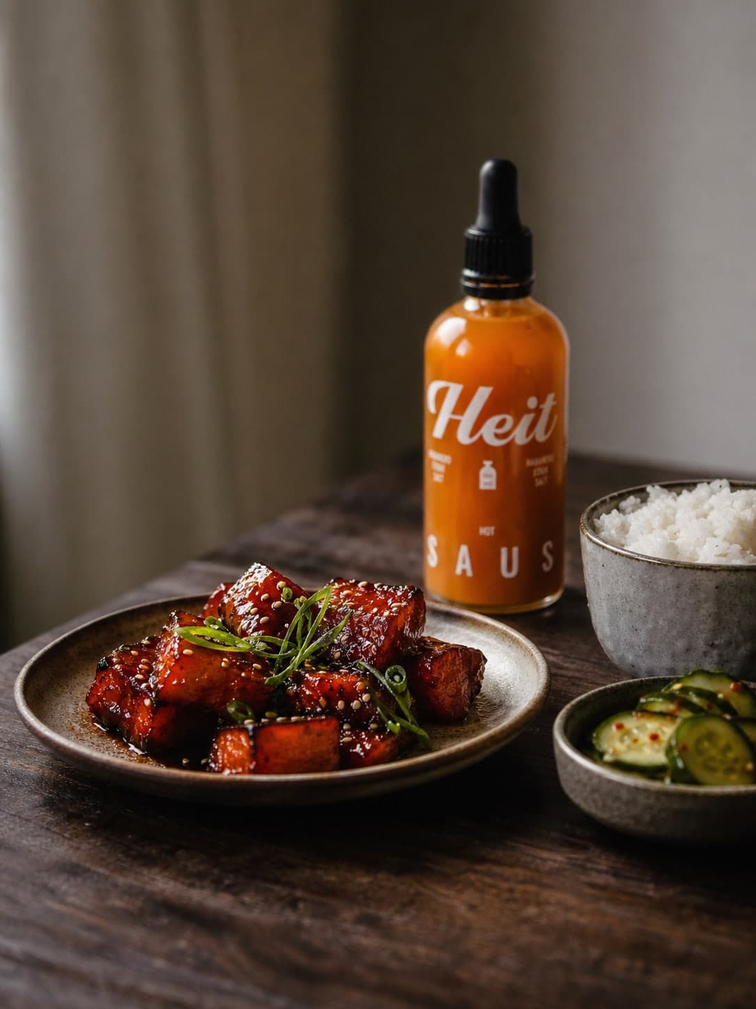 Gochujang-glasert svinebuk med vårløk og sesamfrø, servert med ris og agurk, og en flaske Heit Hot