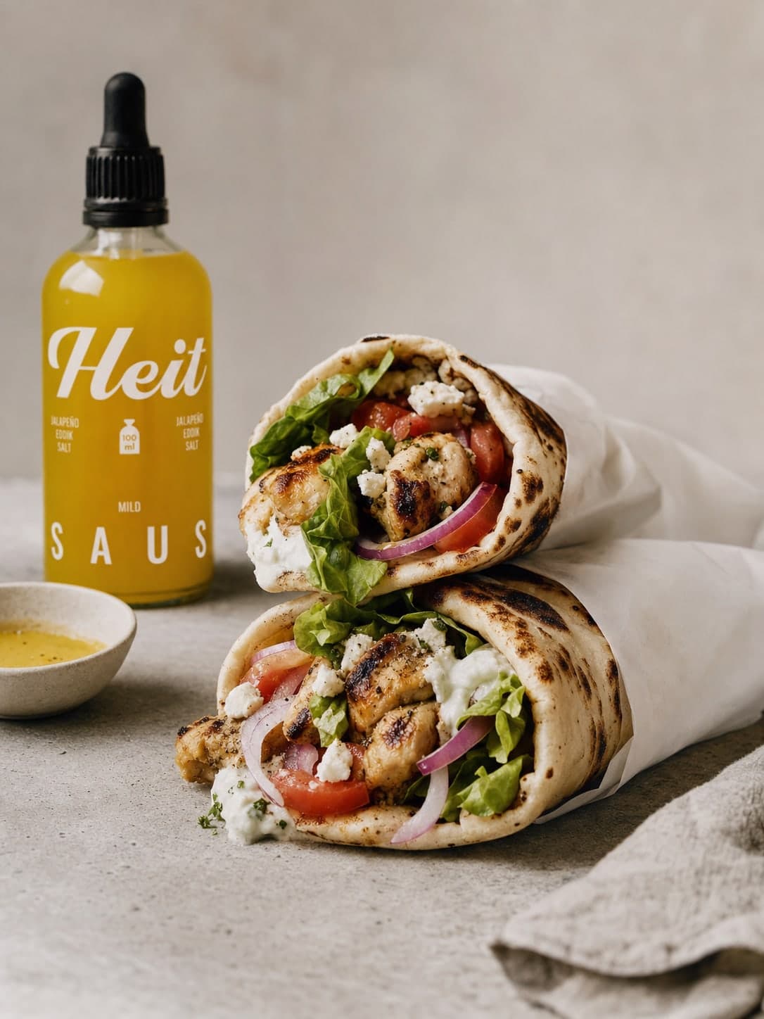 To wraps med kylling-souvlaki, salat, feta og tzatziki, og en flaske Heit Mild ved siden av